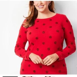 Talbots Tinsel-Dot Bateau Neck Sweater Red Size Medium Lambswool Blend Holiday
